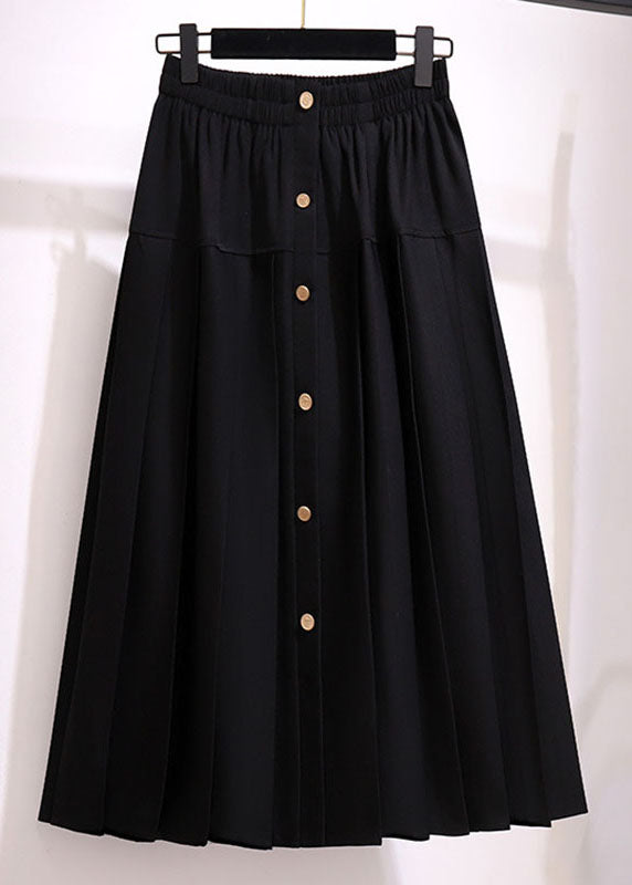 Loose Black Button High Waist Patchwork Cotton Pleated Skirt Fall