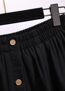 Loose Black Button High Waist Patchwork Cotton Pleated Skirt Fall