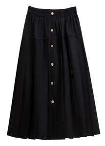 Loose Black Button High Waist Patchwork Cotton Pleated Skirt Fall