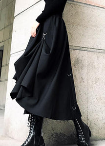 Loose Black Cinched Summer Asymmetrical Design Cotton Skirt