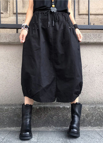 Loose Black Drawstring Patchwork Elastic Waist Lantern Skirts