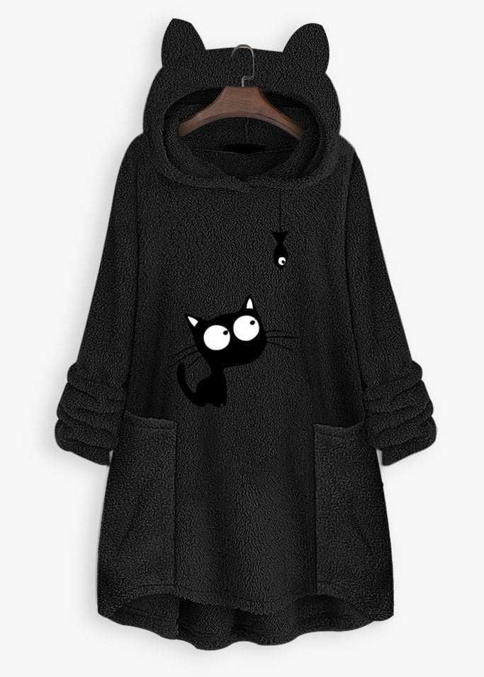 Loose Black Hooded Print Pockets Patchwork Teddy Faux Fur Sweatshirt Fall