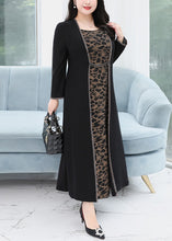 Load image into Gallery viewer, Loose Black O Neck Print FalseTwo Pieces Cotton Maxi Dress Fall