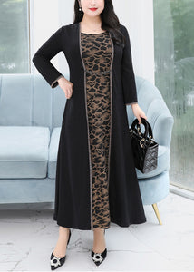 Loose Black O Neck Print FalseTwo Pieces Cotton Maxi Dress Fall