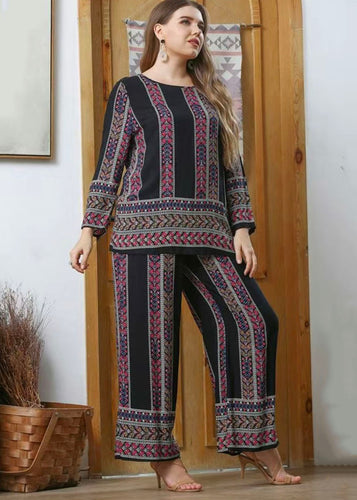 Loose Black O-Neck Print Patchwork Cotton Two Piece Set Pajamas Fall