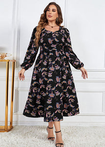 Loose Black Print Wrinkled Patchwork Cotton Dresses Fall