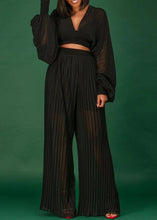 Load image into Gallery viewer, Loose Black V Neck Wrinkled Chiffon Tops And Wide Leg Pants Two Piece Set Fall