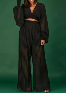 Loose Black V Neck Wrinkled Chiffon Tops And Wide Leg Pants Two Piece Set Fall