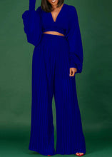 Load image into Gallery viewer, Loose Black V Neck Wrinkled Chiffon Tops And Wide Leg Pants Two Piece Set Fall