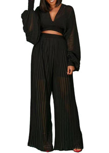 Loose Black V Neck Wrinkled Chiffon Tops And Wide Leg Pants Two Piece Set Fall