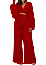 Load image into Gallery viewer, Loose Black V Neck Wrinkled Chiffon Tops And Wide Leg Pants Two Piece Set Fall