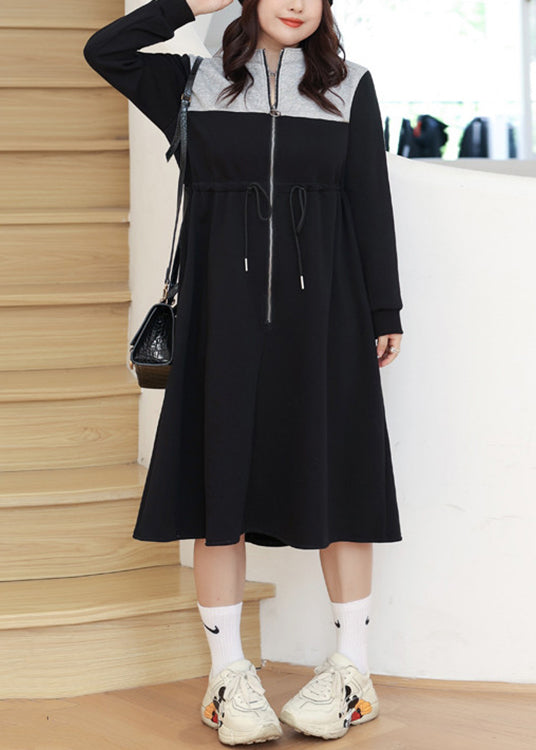 Loose Black Zip Up Drawstring Pockets Warm Fleece Long Dresses Fall