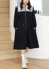 Load image into Gallery viewer, Loose Black Zip Up Drawstring Pockets Warm Fleece Long Dresses Fall