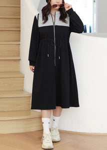 Loose Black Zip Up Drawstring Pockets Warm Fleece Long Dresses Fall