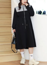 Load image into Gallery viewer, Loose Black Zip Up Drawstring Pockets Warm Fleece Long Dresses Fall