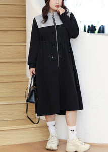 Loose Black Zip Up Drawstring Pockets Warm Fleece Long Dresses Fall