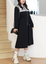 Load image into Gallery viewer, Loose Black Zip Up Drawstring Pockets Warm Fleece Long Dresses Fall