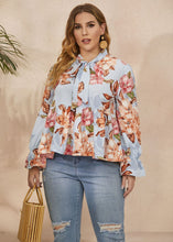 Load image into Gallery viewer, Loose Blue Bow Print Wrinkled Patchwork Chiffon Tops Flare Sleeve