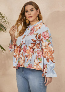 Loose Blue Bow Print Wrinkled Patchwork Chiffon Tops Flare Sleeve