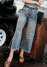 Load image into Gallery viewer, Loose Blue High Waist Sequins Patchwork Crop Ripped Jeans