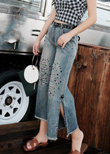 Load image into Gallery viewer, Loose Blue High Waist Sequins Patchwork Crop Ripped Jeans