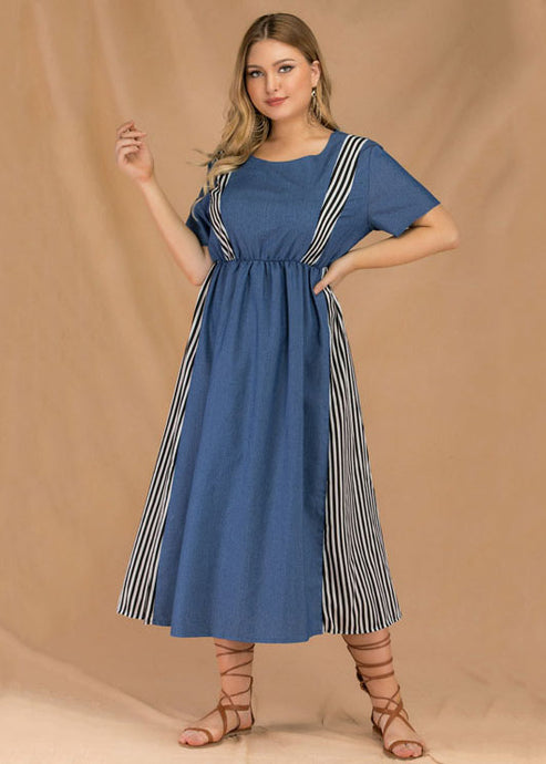 Loose Blue O Neck Striped Patchwork Denim Dresses Summer