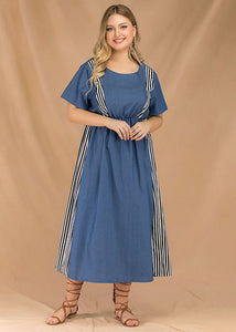 Loose Blue O Neck Striped Patchwork Denim Dresses Summer