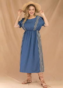 Loose Blue O Neck Striped Patchwork Denim Dresses Summer