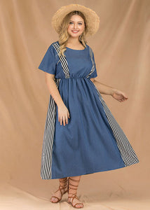 Loose Blue O Neck Striped Patchwork Denim Dresses Summer