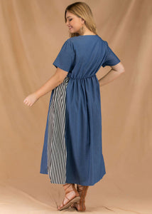 Loose Blue O Neck Striped Patchwork Denim Dresses Summer
