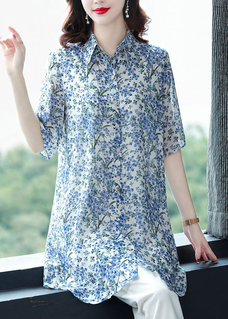 Loose Blue Peter Pan Collar Print Patchwork Chiffon Shirt Tops Half Sleeve