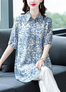 Loose Blue Peter Pan Collar Print Patchwork Chiffon Shirt Tops Half Sleeve