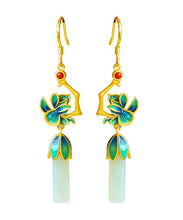 Load image into Gallery viewer, Loose Blue Sterling Silver Inlaid Jade Gem Stone Enamel Orchid Drop Earrings