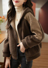 Load image into Gallery viewer, Loose Coffee Zippered Plaid Patchwork Faux Fur Hoodie Coat Fall