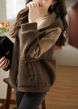 Load image into Gallery viewer, Loose Coffee Zippered Plaid Patchwork Faux Fur Hoodie Coat Fall