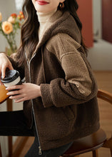 Load image into Gallery viewer, Loose Coffee Zippered Plaid Patchwork Faux Fur Hoodie Coat Fall