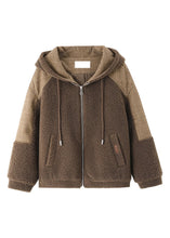 Load image into Gallery viewer, Loose Coffee Zippered Plaid Patchwork Faux Fur Hoodie Coat Fall