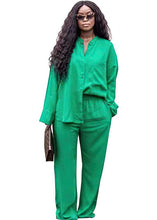 Load image into Gallery viewer, Loose Green Button Tops And Wide Leg Pants Cotton Two Pieces Set Fall