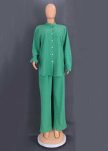 Load image into Gallery viewer, Loose Green Button Tops And Wide Leg Pants Cotton Two Pieces Set Fall