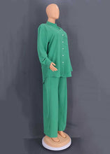 Load image into Gallery viewer, Loose Green Button Tops And Wide Leg Pants Cotton Two Pieces Set Fall