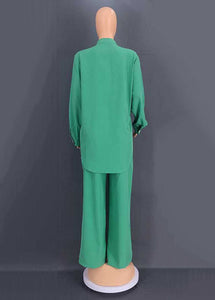 Loose Green Button Tops And Wide Leg Pants Cotton Two Pieces Set Fall