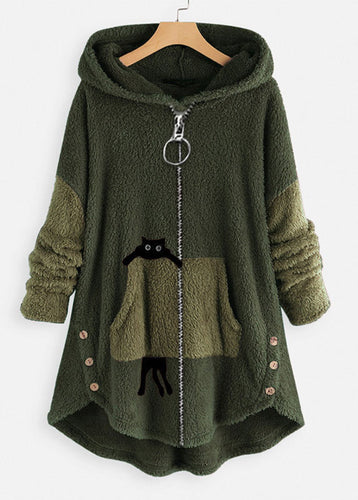 Loose Green Hooded Print Zippered Patchwork Teddy Faux Fur Coat Fall