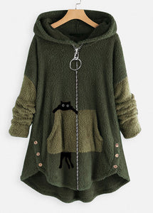 Loose Green Hooded Print Zippered Patchwork Teddy Faux Fur Coat Fall