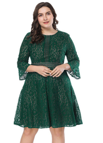 Loose Green Patchwork Hollow Out Lace Mid Dresses Summer