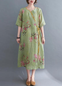 Loose Green Print Button Maxi Summer Chiffon Dress