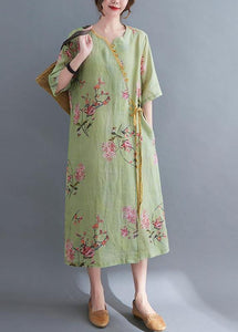 Loose Green Print Button Maxi Summer Chiffon Dress