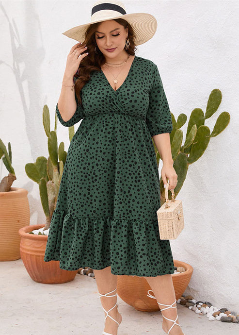 Loose Green Ruffled Print Patchwork Cotton Dresses Summer