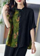 Load image into Gallery viewer, Loose Green Stand Collar Button Print Patchwork Silk Shirts Tops Summer