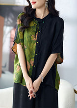 Load image into Gallery viewer, Loose Green Stand Collar Button Print Patchwork Silk Shirts Tops Summer