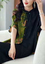 Load image into Gallery viewer, Loose Green Stand Collar Button Print Patchwork Silk Shirts Tops Summer